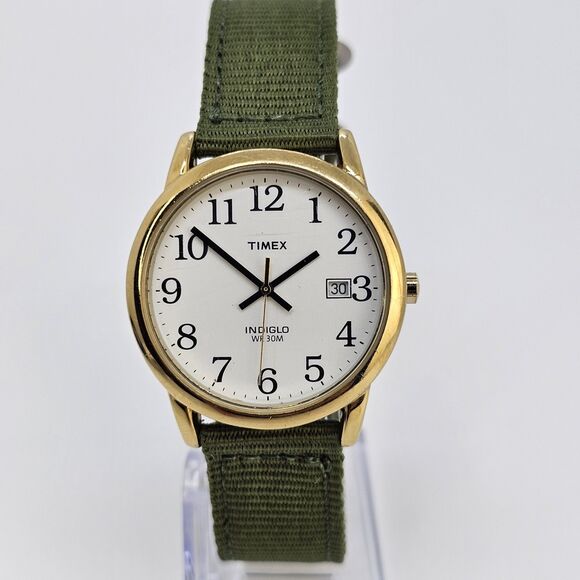 Timex Men's Watch 35MM White Dial Date Gold Case New Green Canvas Bands Battery - Picture 1 of 13